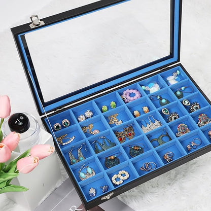 Stratalife Jewelry Holder Organizer Jewelry Drawer Organizer Earring Holder Jewelry Organizer Tray Earring Organizer for Women Girls Anti Tarnish Jewelry Box 30 Grid (Blue Black)