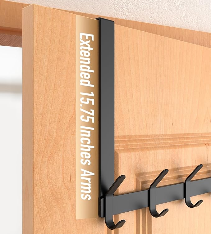 CHAUNCEY HOME Long Over The Door Hooks Hanger with 15.75" Arms for for Easier Access by Shorter, J16U, Perfectly Fits US Standard 1 3/4-inch Doors, Towel Rack Bathroom Organizer Holder, Black