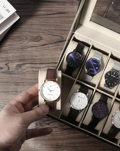 Uten Watch Box, 10 Slots Watch Case, Watch Box Organizer Jewelry Storage with Large Glass Lid, Watch Display Case, Watch Box for Men & Women