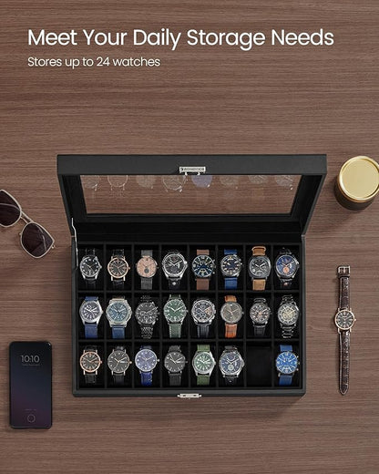 SONGMICS 24-Slot Watch Box, Lockable Watch Storage Case with Glass Lid, Gift Idea, Ink Black Synthetic Leather, Ink Black Lining UJWB024B02