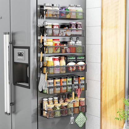 Magnetic Spice Rack for Refrigerator, 6 Pack Magnetic Shelf, Fridge Magnet Organizer with Moveable 12 Hooks, Magnetic Fridge Shelf for Kitchen Organization and Storage (6 Pack)