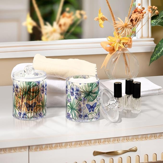 MNSRUU 2 Pack Qtip Holder Organizer Dispenser Tropical Orchid Flowers Bathroom Storage Canister Cotton Ball Holder Bathroom Containers for Cotton Swabs/Pads/Floss