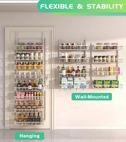 Over The Door Pantry Organizer, Wall Mount Spice Rack, Pantry Hanging Storage and Organization, 8 Adjustable Baskets Heavy-Duty Metal for Home & Kitchen, Back of Door Seasoning Rack - White