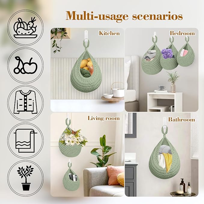 Boho Hanging Fruit Baskets for Kitchen with Hooks and Deco Flowers, 3 Pack handwoven Cotton hanging basket, Wall Basket for Vegetable Potato Onion Home Produce Storage (green)