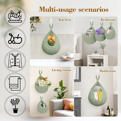 Boho Hanging Fruit Baskets for Kitchen with Hooks and Deco Flowers, 3 Pack handwoven Cotton hanging basket, Wall Basket for Vegetable Potato Onion Home Produce Storage (green)