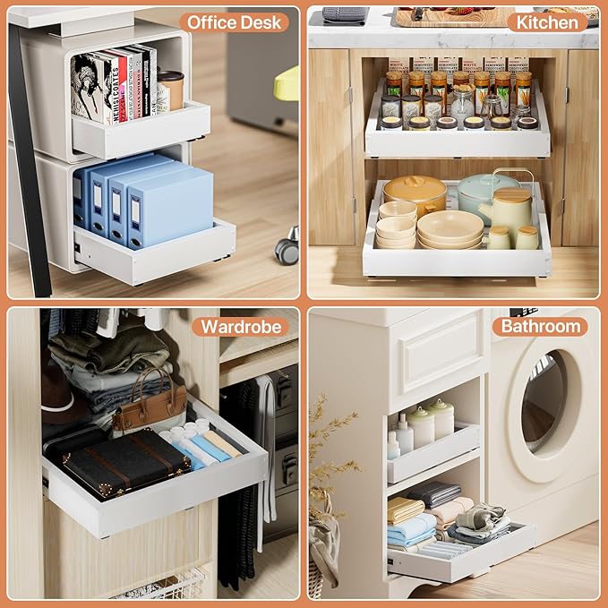 BUFOR 2 Pack Pull out Cabinet Organizer, Width (12"-19") Depth (17"-23"), with 3 Rails Adjustable Slide, Expandable Pullout Drawers for Cabinets, No Drill Adhesive Kitchen Drawers for Pantry Shelves