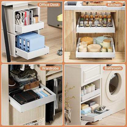 BUFOR 2 Pack Pull out Cabinet Organizer, Width (12"-19") Depth (17"-23"), with 3 Rails Adjustable Slide, Expandable Pullout Drawers for Cabinets, No Drill Adhesive Kitchen Drawers for Pantry Shelves