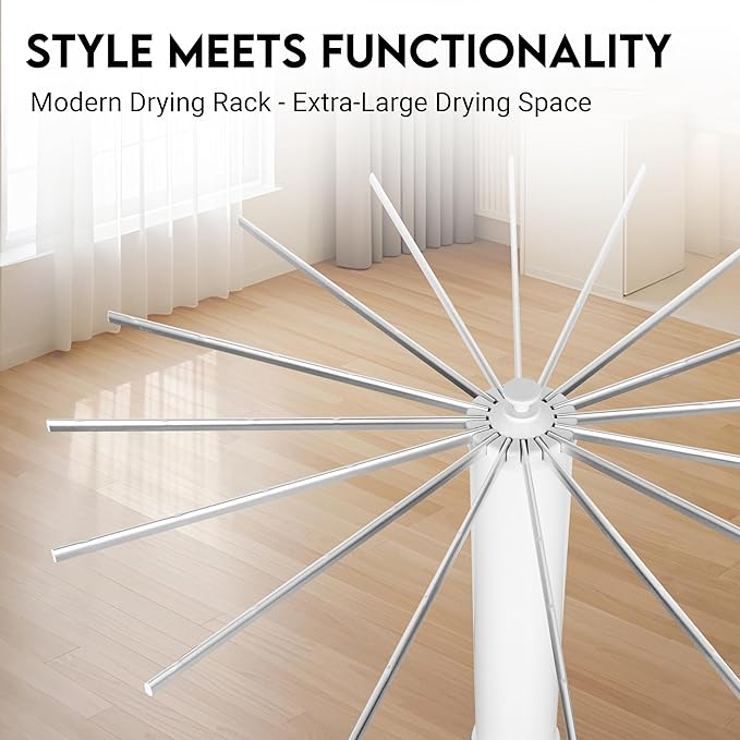 Tripod Modern Clothes Drying Rack, 16 Rods Foldable Drying Rack Clothing for Laundry, 4 Leg with Wheels Collapsible Portable Dryers for Indoor &Outdoor, White & Sliver