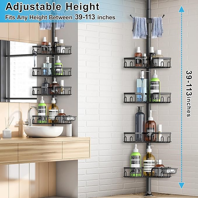 Clothink Corner Shower Caddy Tension Pole 4 Tier Adjustable Stainless Steel Shower Shelf for Inside Shower Bathtub Shampoo,Standing Bathroom Organizer Shelves with 39 to 113 inch Height