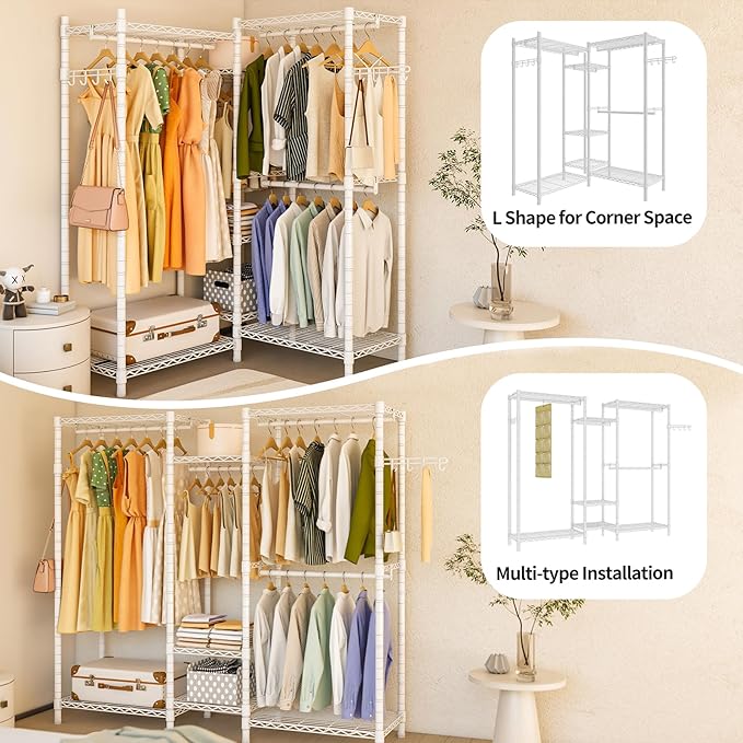 Heavy Duty Garment Rack, Portable Wardrobe Clothes Rack Freestanding Adjustable Clothing Rack with 7 Tiers Adjustable Wire Shelving and 4 Hanger Rods, Max Load 920LBS, White