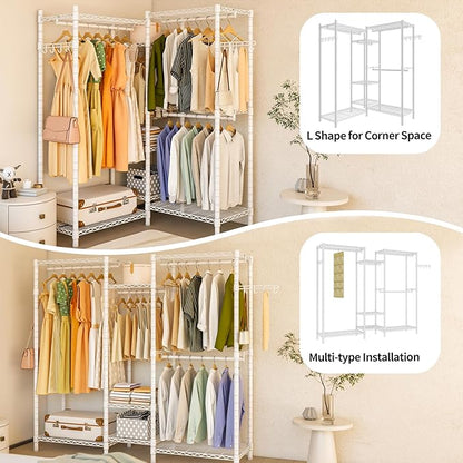 Heavy Duty Garment Rack, Portable Wardrobe Clothes Rack Freestanding Adjustable Clothing Rack with 7 Tiers Adjustable Wire Shelving and 4 Hanger Rods, Max Load 920LBS, White