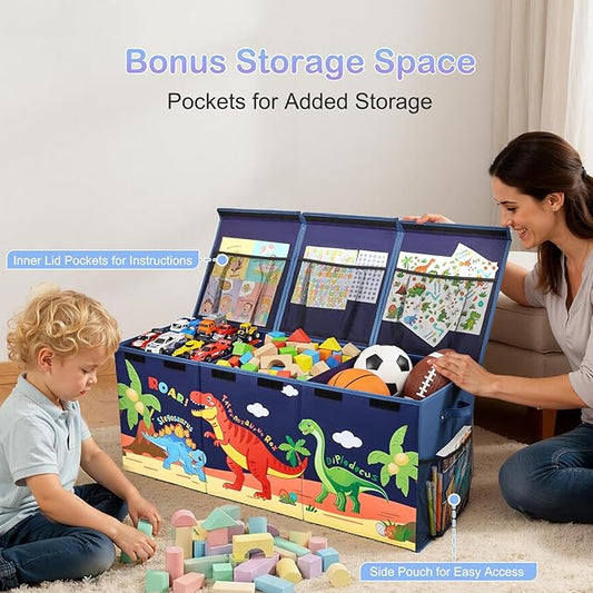 Unicorn Castle Toy Box with Adjustable Divider Toy Chest Storage Large Toy Storage Organizer Bin Collapsible with Lid Pockets for Nursery Playroom,Dark Blue Dinosaur