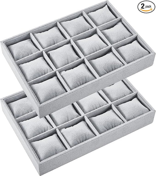 Henoyso 2 Pieces 12 Grid Velvet Watch Tray Jewelry Organizer Stackable Watch Bracelet Bangle Display Holder Adjustable Pillow (Gray)