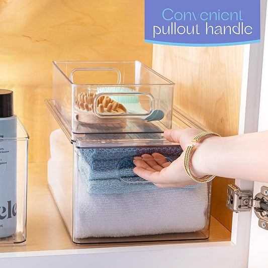 primebox Plastic Clear Stackable Storage Bins with Lids. Great for Pantry or Kitchen Organization. Fridge Organization Containers. Cabinet, Bathroom Organizer. 2 Pack