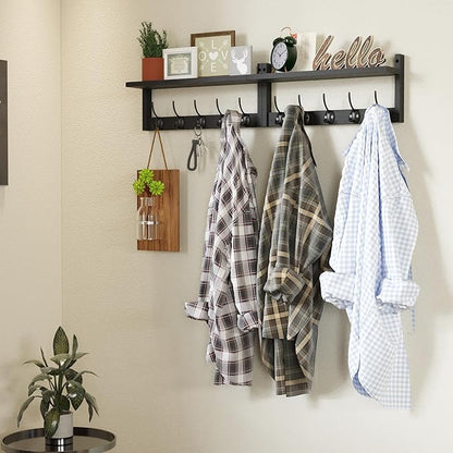 AMBIRD 34.2" Extra Long Wooden Wall Hook Rack with Shelf - Versatile and Decorative Wall-Mounted Storage with 10 Hooks for Coats, Hats, Keys, Scarves - Ideal for Entryways, Bedrooms, Closets (Black)