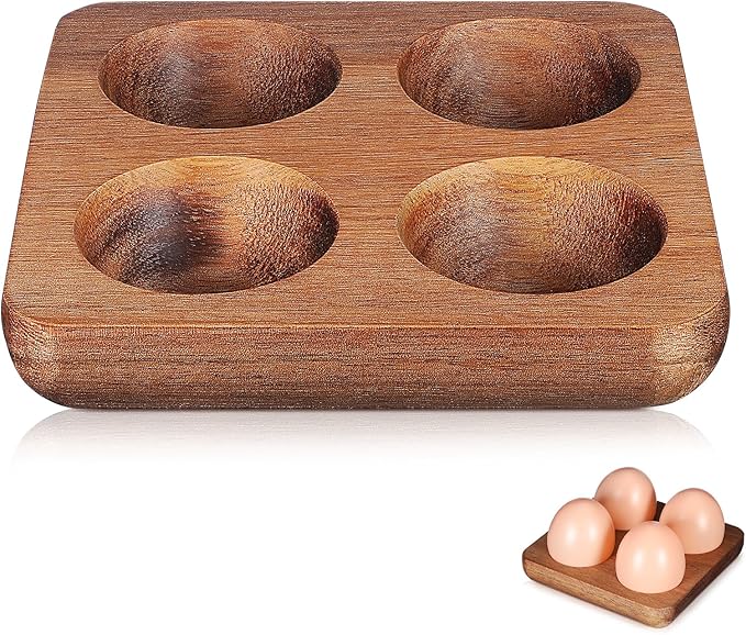 Homoyoyo 4 Egg Holder Countertop, Acacia Wood Egg Holder 4 Slot, Compact Natural Organizer for Kitchen Display Fridge for Chocolates, Sushi, Kitchen Organization for Busy Parents Home Hearth