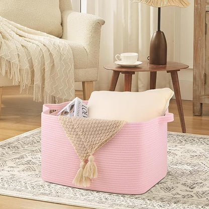 Large Blanket Basket, Blanket Storage Living Room, Rectangle Woven Baskets for Storage Toys, Towels, Dirty Clothes Organizer Bins (Pink)