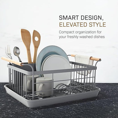 Yamazaki Home Sink Removeable Drainer Tray, Kitchen Drying Organizer Holder, One Size, White Steel + Wood | Dish Rack, Gray