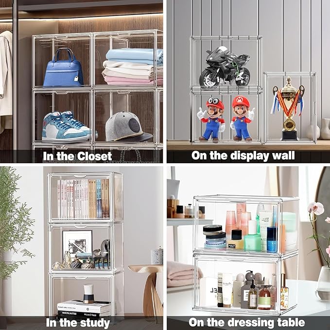 DAYOOH 5 Pack Acrylic Shoe Box Size 14, Clear Plastic Stackable Sneaker Shoe Display Case Transparent Storage Bins Handbag Organizer Containers with Magnetic Lids, Figures Collectibles Showcase
