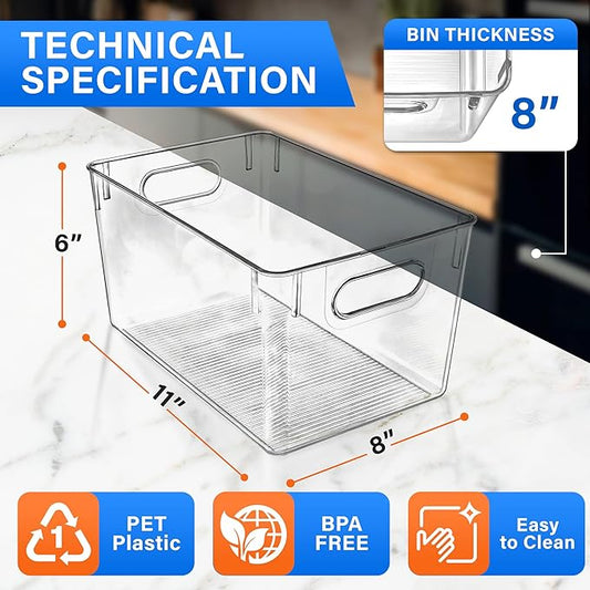 Lifemaster Stackable Refrigerator Bins - Set of 14 Large Capacity Organizers with Easy Grip Handles - Clear and Versatile for Kitchen Storage