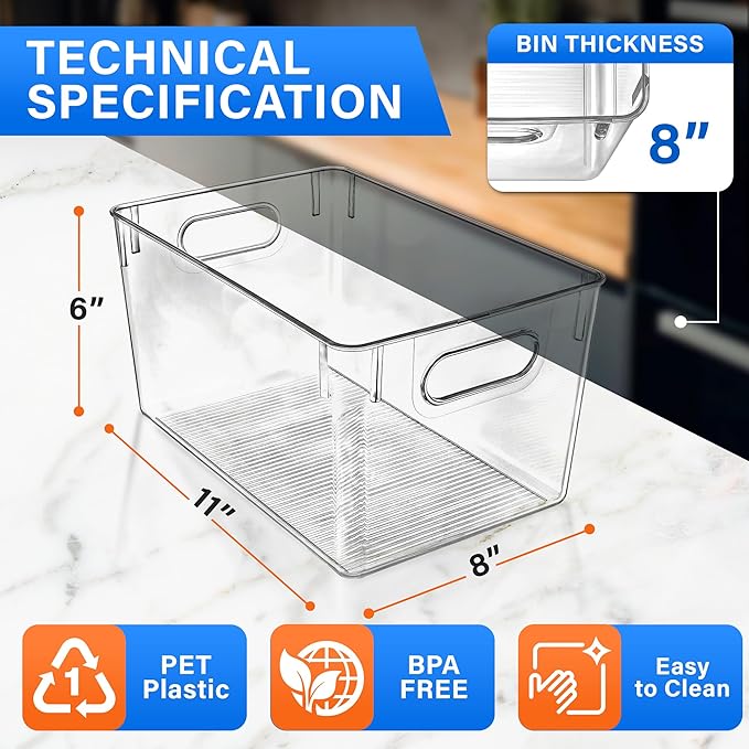 Lifemaster Stackable Refrigerator Bins - Set of 2 Large Capacity Organizers with Easy Grip Handles - Clear and Versatile for Kitchen Storage