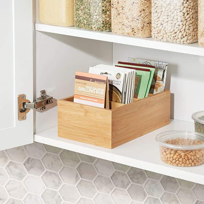 mDesign Bamboo Wood Compact Food Storage Organizer Bin Box - 4 Divided Sections - Holder for Seasoning Packets, Pouches, Soups, Spices, Snacks - Natural