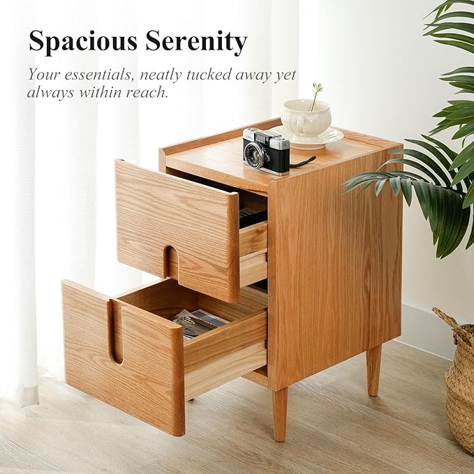 Cttasty Narrow Nightstand, Mid Century Modern Nightstand, Solid Wood Bedside Table, Side Table witn Drawers (Natural, 11.81inches)