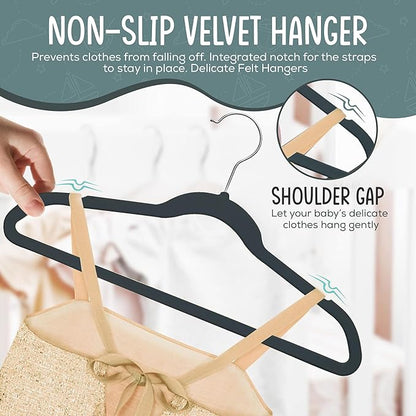 TechZoo 50 Premium Kids Velvet Hangers - 14" Non-Slip Clothes Hangers for Kids & Preteens - Ultra Slim, Space-Saving, Strong & Durable Hangers with 360° Swivel Hook - Black