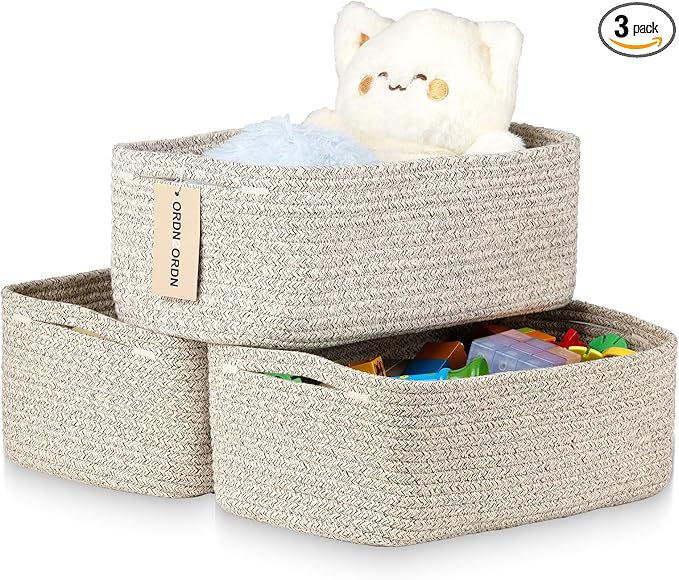 Small Storage Baskets for Organizing, Woven Storage Bins for Shelves, Gift Basket Empty, Cute Decorative Closet Organizer, Baby Rope Basket, Dog Toy Storage, 12.6x8.2x5”, 3Packs Mixed Brown