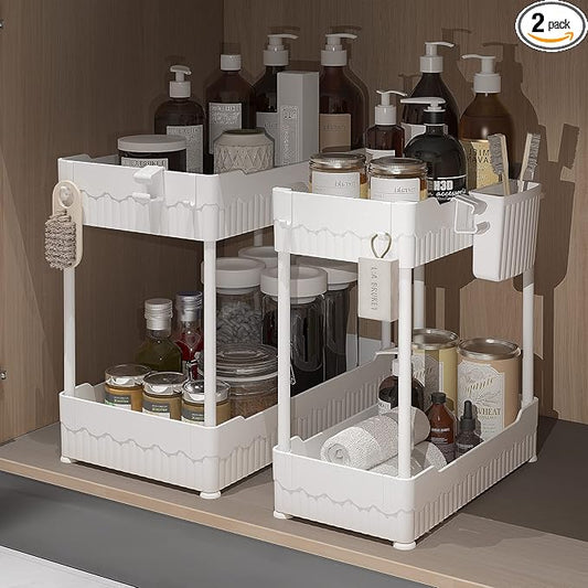 2 Pack Under Sink Organizer, Under Bathroom Cabinet Organizer with Hooks Hanging Cup, Multi-Purpose Storage Shelf for Kitchen Bathroom (White, 12.8 Inch)