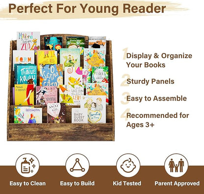 TOETOL 5-Tier Kids Bookshelf - Toddler Book Display Shelves for Classrooms, Playrooms, and Nursery - Wooden Children Book Rack (Rustic Brown)