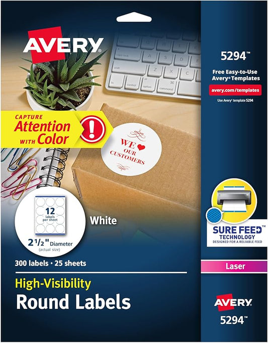 Avery Round Printable Labels, 2.5" Diameter, Matte White, Sure Feed Technology, Laser & Inkjet Compatible, 300 Blank Labels Total, Great for Branding, Packages, School Supplies, and More (5294)