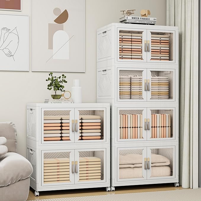 Vavkorkula Large Stackable Storage Bins with Lids, 660QT-165QT*4Tier Foldable Cabinet for Closet Organizers, Plastic Storage Containers Box with Wheels