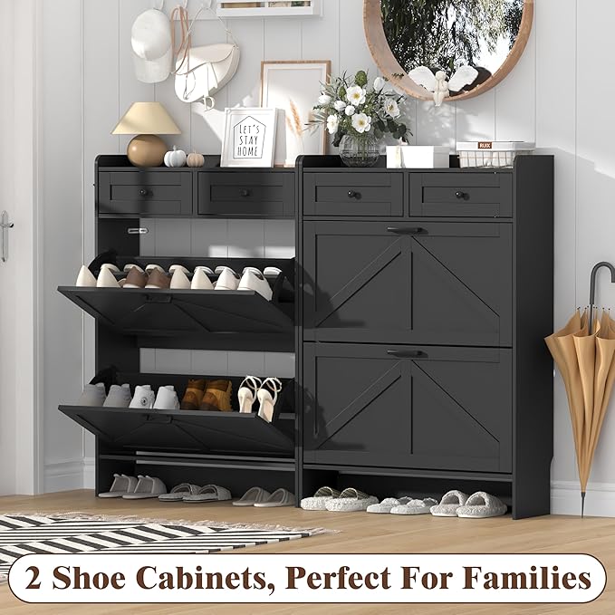 Shoe Cabinet with 2 Flip Drawers & 2 Storage Drawers, Rustic Farmhouse Narrow Shoe Organizer Cabinet, Slim Shoe Rack Cabinet, Shoe Storage Cabinet for Entryway, Hallway, Front Door