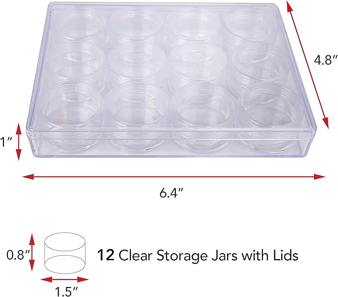 The Beadsmith Personality Case - Clear Storage Organizer Box – 6.4 x 4.8 x 1 inches - Includes 12 Small Containers with lids - 1.5 x 0.8 inches, Bead Holder