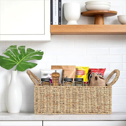 Wicker Divided Baskets with Handles, Seagrass Pantry Baskets, Storage Basket Woven Natural for Organizing Bathroom Kitchen Shelves Office Supplies Organization, Wicker Storage Baskets 4 Section.