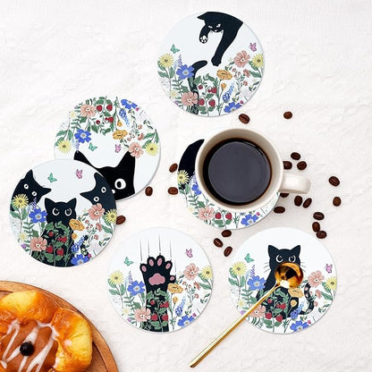 SHIYUE 6 Pack Curious Cat Coasters with Holder, Absorbent Ceramic Coasters, Drinks Coffee Table Home Decor Housewarming Gift, 4 Inches(Colorful Flower)
