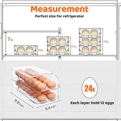 Egg Holder for Fridge, Automatic Steady Rolling Egg Dispenser with Silicone Bumpers & Handle for Refrigerator, Large Capacity Egg Organizer with Lid (2 Tier Holder 24 Eggs (M SIZE))