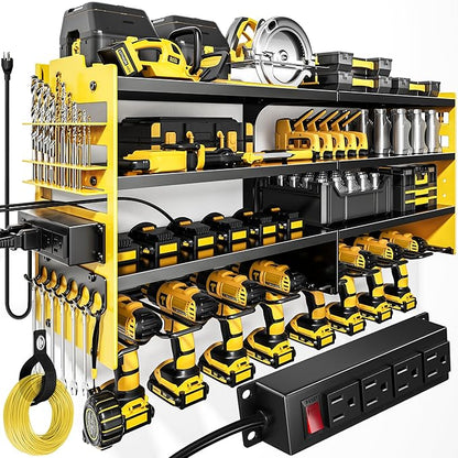 Large Power Tool Organizer Wall Mount with Charging Station,4 Layer Heavy Duty Metal Storage Rack Loads 600lbs with 8 Cordless Drill Holder,Battery Utility Rack Gift for Garage workshops Room