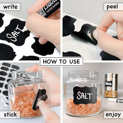 Chalkboard Labels Roll for Jars 220pcs Wavy Shape - Waterproof Reusable Chalk Sticker Labels for Containers Storage Jars - Includes Erasable Liquid Chalk Marker & Mini Towel