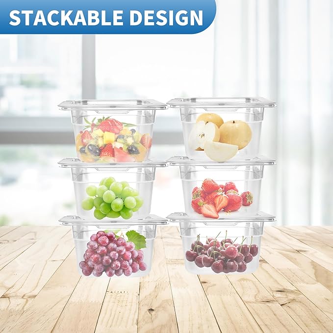 KEJJNYER 6 Pcs 4 inch Deep Plastic Food Pan with Lid 1/6 Size, Clear Food Storage Containers with lids, Restaurant Salad Bar Containers for Fruits Vegetables Beans Corns