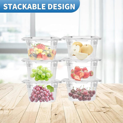 KEJJNYER 6 Pcs 4 inch Deep Plastic Food Pan with Lid 1/6 Size, Clear Food Storage Containers with lids, Restaurant Salad Bar Containers for Fruits Vegetables Beans Corns