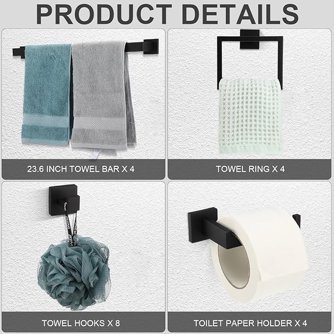 Gisafai 20 Pcs Black Bathroom Hardware Accessories Set 23.6 Inch Bath Towel Bar Kit Stainless Steel Bathroom Hardware Set Towel Racks Ring Robe Hooks Paper Holder for Wall Mounted