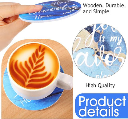 Queekay Coasters Set of 6 House Warming Gifts New Home Wooden Farmhouse Drink Coasters with Holder 4'' Funny Decoration for Kitchen Family Coffee Bar Tabletop Protection(Gilded Blue)