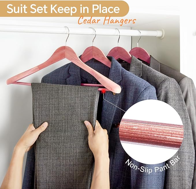 HOUSE DAY Wide Shoulder Cedar Hangers for Suits and Coats with Non Slip Pant Bar,360° Swivel Hook, Smooth Finish Cedar Wood Hangers for Closet, Closet Essentials, 5 Pack