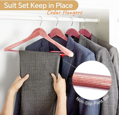 HOUSE DAY Wide Shoulder Cedar Hangers for Suits and Coats with Non Slip Pant Bar,360° Swivel Hook, Smooth Finish Cedar Wood Hangers for Closet, Closet Essentials, 5 Pack