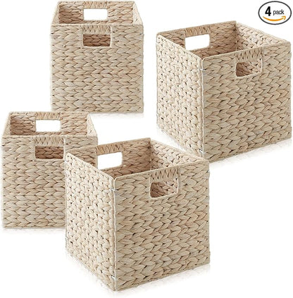 Casafield 10.5" x 10.5" Hyacinth Storage Baskets, Whitewash - Set of 4 Storage Organizers, Woven Wicker Cubes for Bathroom, Bedroom, Laundry, Shelves