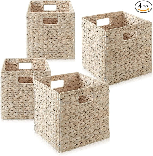 Casafield 10.5" x 10.5" Hyacinth Storage Baskets, Whitewash - Set of 4 Storage Organizers, Woven Wicker Cubes for Bathroom, Bedroom, Laundry, Shelves