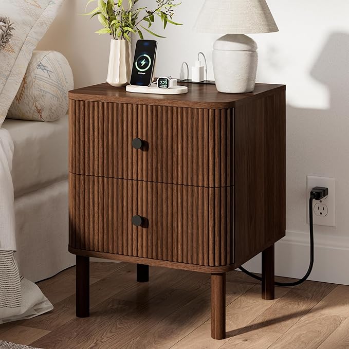 FavourLife Night Stand with Charging Station, 18" Fluted Nighstand with Rounded Corners & Solid Wood Legs, 2 Drawers End Table with Storage, Mid Century Modern Bedside Table for Bedroom, Walnut