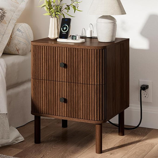 FavourLife Night Stand with Charging Station, 18" Fluted Nighstand with Rounded Corners & Solid Wood Legs, 2 Drawers End Table with Storage, Mid Century Modern Bedside Table for Bedroom, Walnut